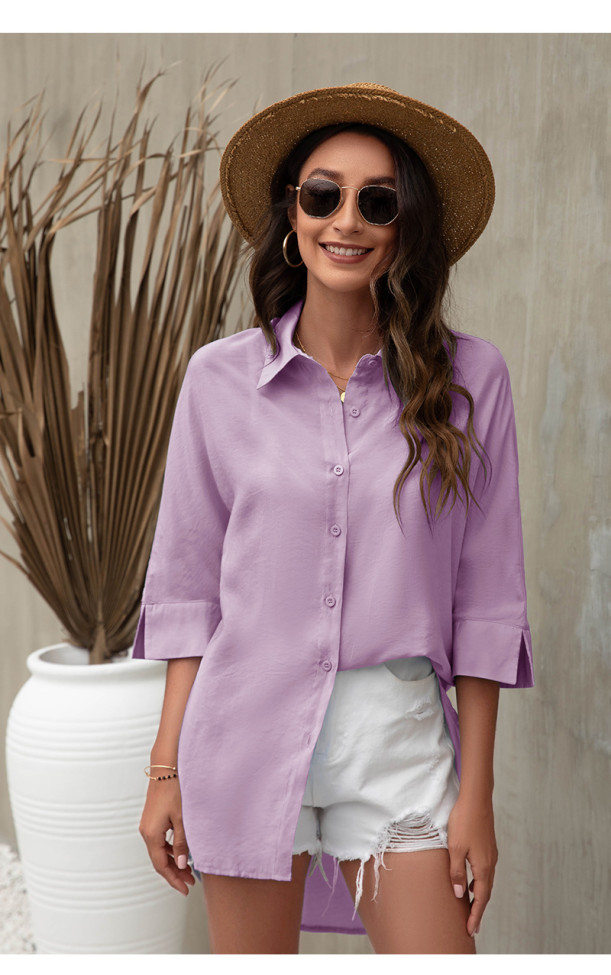 Lapel Solid Color Casual Shirts Three-quarter Sleeves Blouse Top Beach Shirts