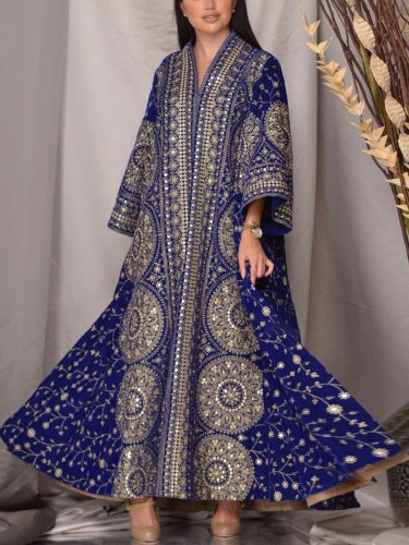 Round pattern elegance blue velvet kaftan