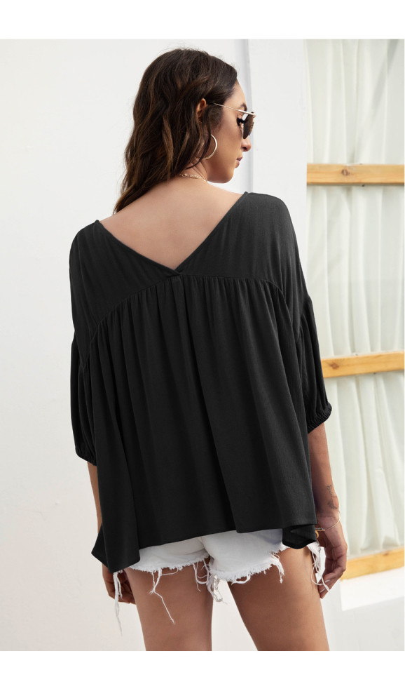 V-neck Loose Casual Pleated Short Sleeved Shirt Top
