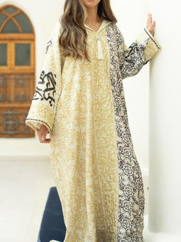 Loose pattern color joint kaftan dress with hood