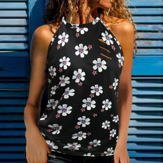 Floral Flower Print Round Neck Hole Tank Tops