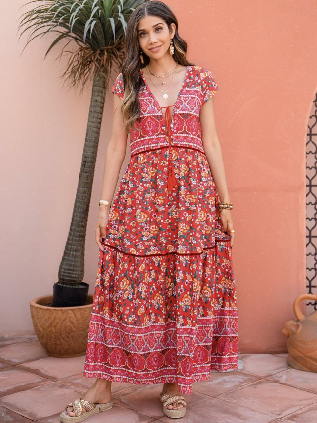 V Neck Boho Floral-Print Weaving Dress