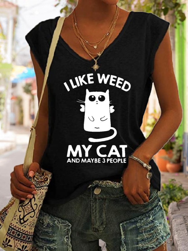 Women Funny Cat Lover I Like Weed My Cat And Maybe 3 People Cotton-Blend Tanks & Camis