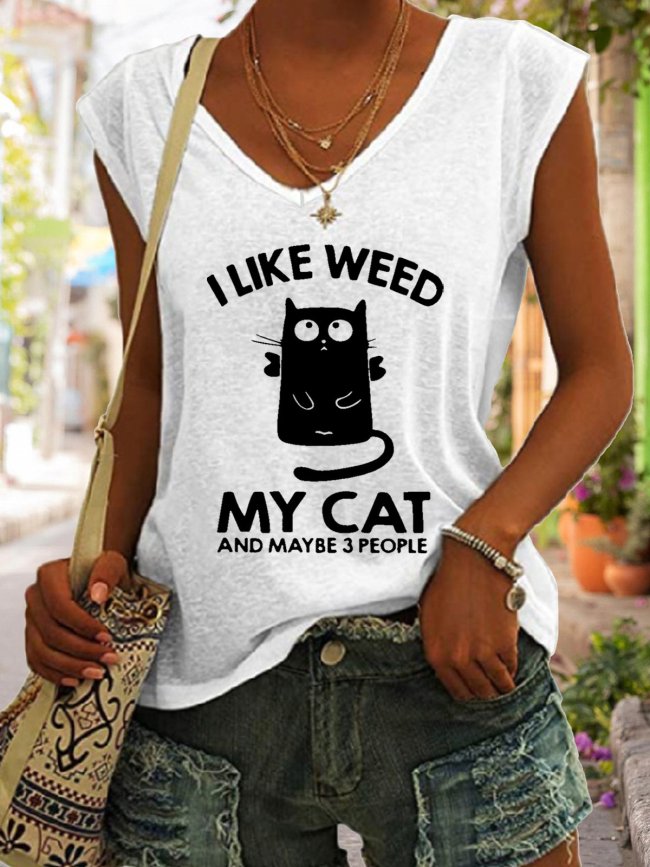 Women Funny Cat Lover I Like Weed My Cat And Maybe 3 People Cotton-Blend Tanks & Camis