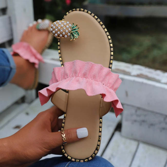 Faux Pearl & Pineapple Decor Toe Post Thong Sandals