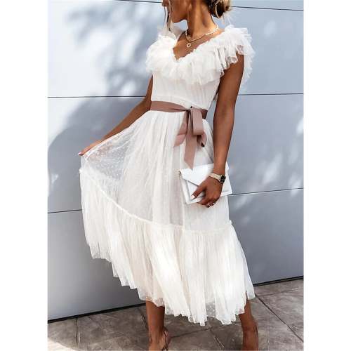 Women's V-Neck Solid Pleated Dress
