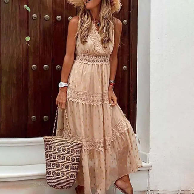 Women's Sleeveless Solid Color Lace Panel Dress