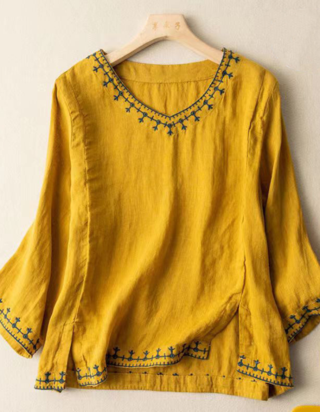 Embroidery Loose Mid Sleeve Crew Neck Plus Size Blouse Shirt Top