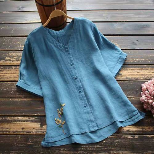 Women's Vintage Round Neck Casual Floral Embroidery Loose Mid Sleeve Blouse Shirt Top