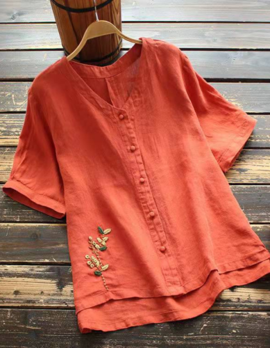 Women's Vintage Round Neck Casual Floral Embroidery Loose Mid Sleeve Blouse Shirt Top