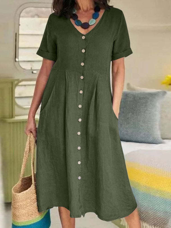 Solid Color Loose High Waist Button Through Linen Dress