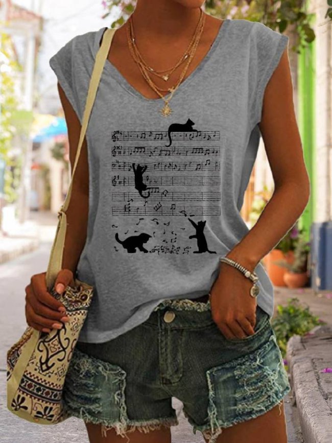 Women Cat Music V- Neck T-Shirt