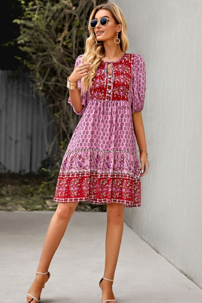 Bohemian Tie Neck Dress with Decorative Buttons