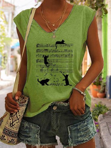 Women Cat Music V- Neck T-Shirt