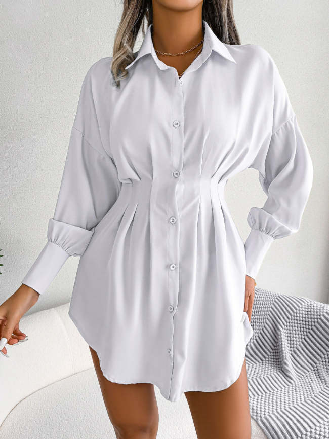 Pleated Bishop Sleeve Mini Shirt Dress