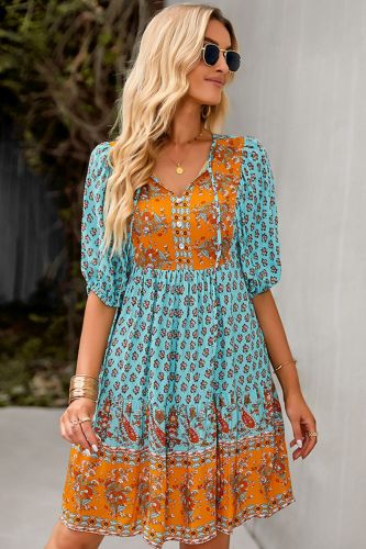 Bohemian Tie Neck Dress with Decorative Buttons
