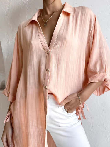Women's Blouses Solid Side Tie 3/4 Sleeves Blouse