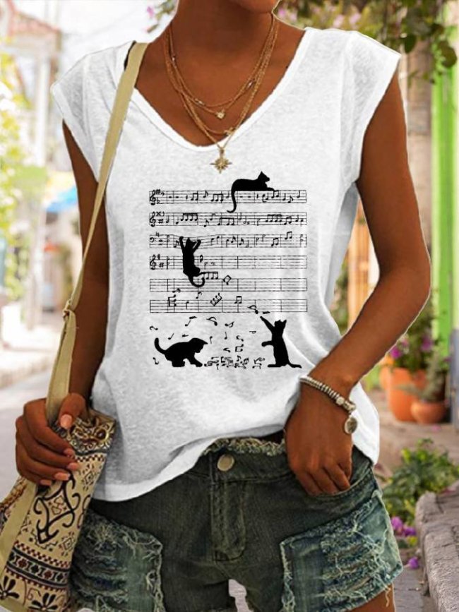 Women Cat Music V- Neck T-Shirt