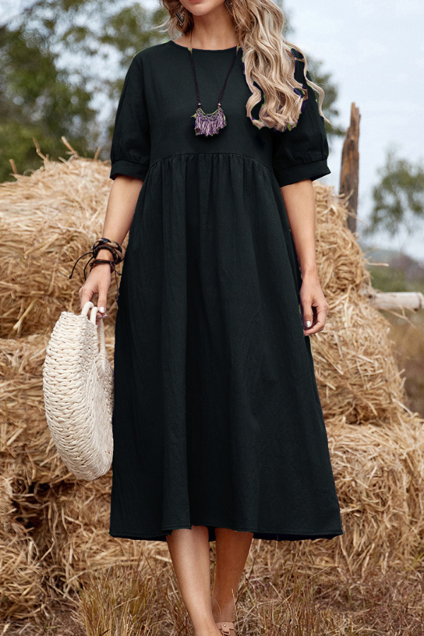 Solid Color High Waist Linen Crew Neck Midi Dress Casual Holiday Dress