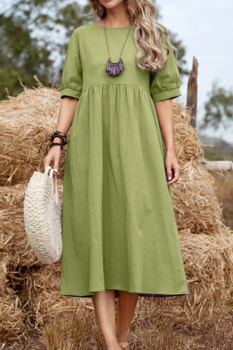 Solid Color High Waist Linen Crew Neck Midi Dress Casual Holiday Dress