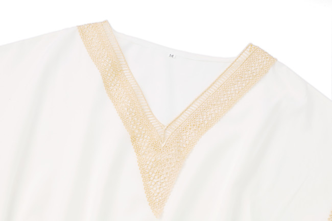 Loose Waistband Stitched Lace V-Neck Short Sleeve Swing Maxi Dress