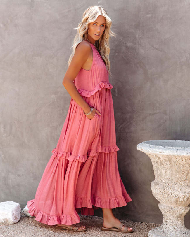 Halter Pocketed Cake Style Maxi Dress