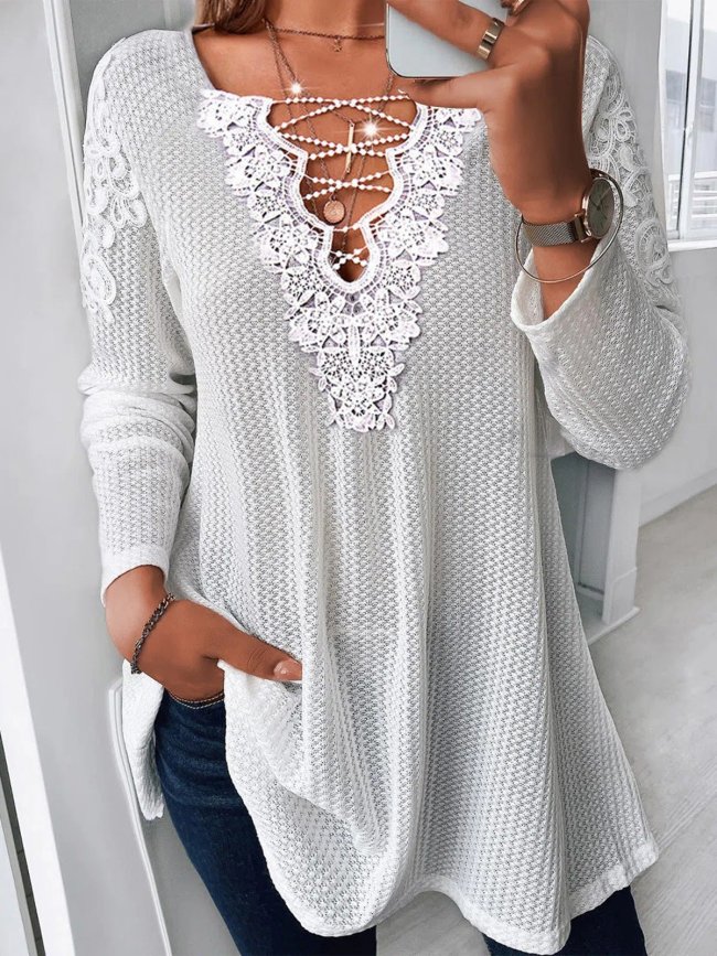 Women's Blouses V-Neck Lace Stitching Long Sleeve Blouse