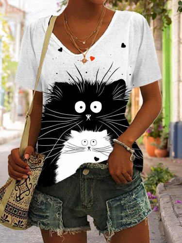 Cat Print Short Sleeve Casual T-Shirt
