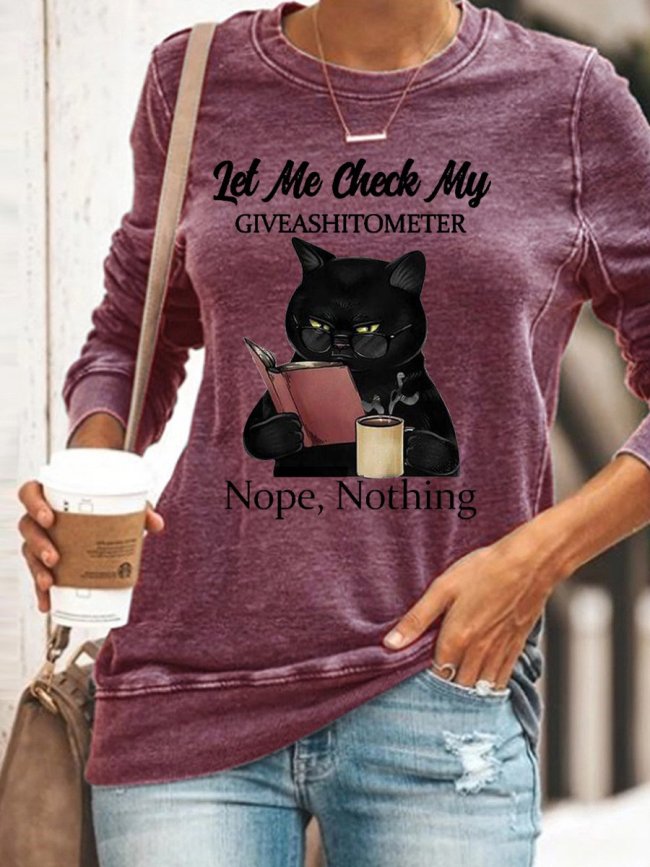 Womens Funny Letter Black Cat Crew Neck Sweatshirts