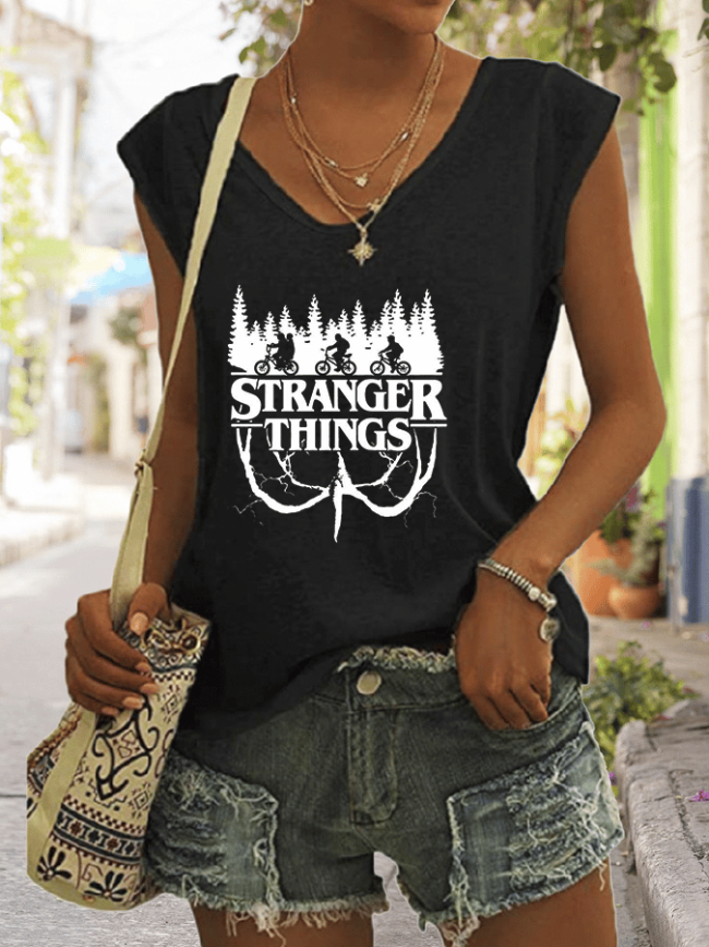 Women's STRANGER THINGS Print V-Neck Sleeveless T-Shirt