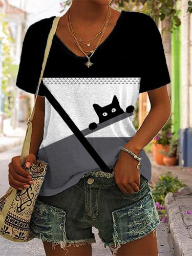 Cat Print Casual Short Sleeve T-Shirt
