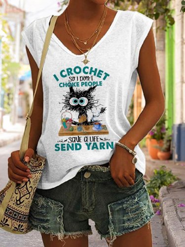 Funny Cat I Crochet So I Don't Choke Print T-Shirt