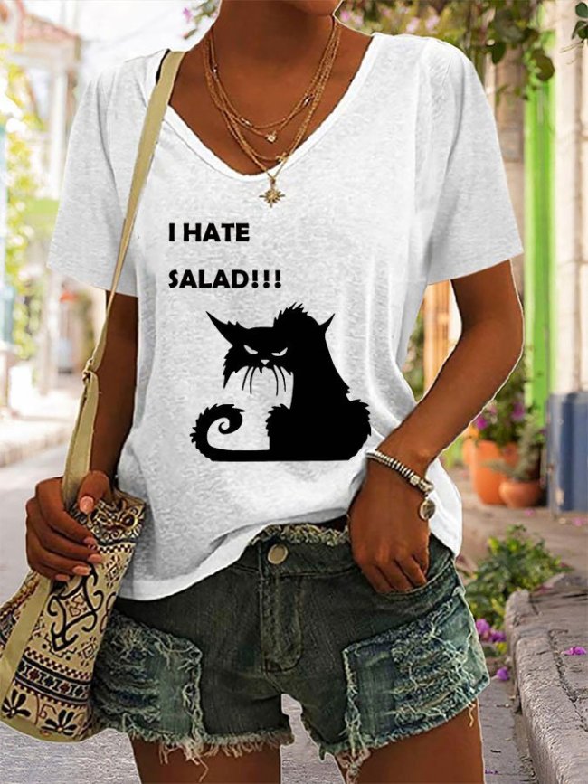 I Hate Salad Cat Print T-Shirt