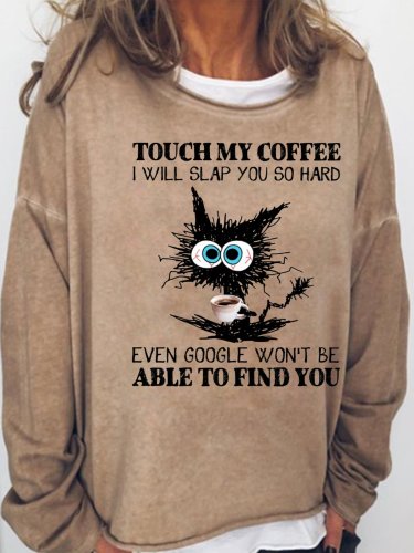 Womens Funny Coffee Letter Black Cat Casual Sweatshirts