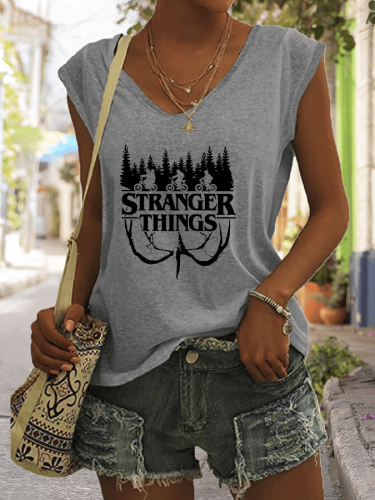 Women's STRANGER THINGS Print V-Neck Sleeveless T-Shirt