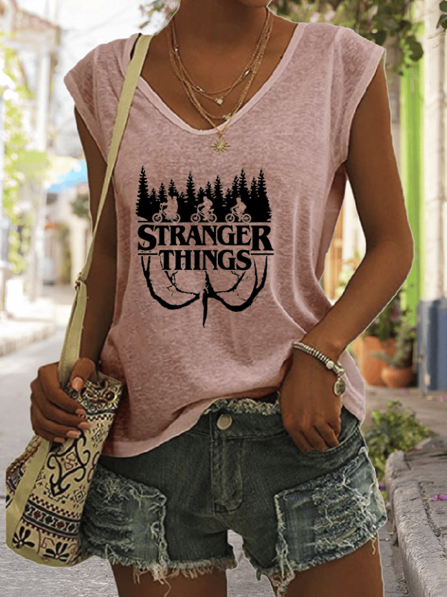 Women's STRANGER THINGS Print V-Neck Sleeveless T-Shirt