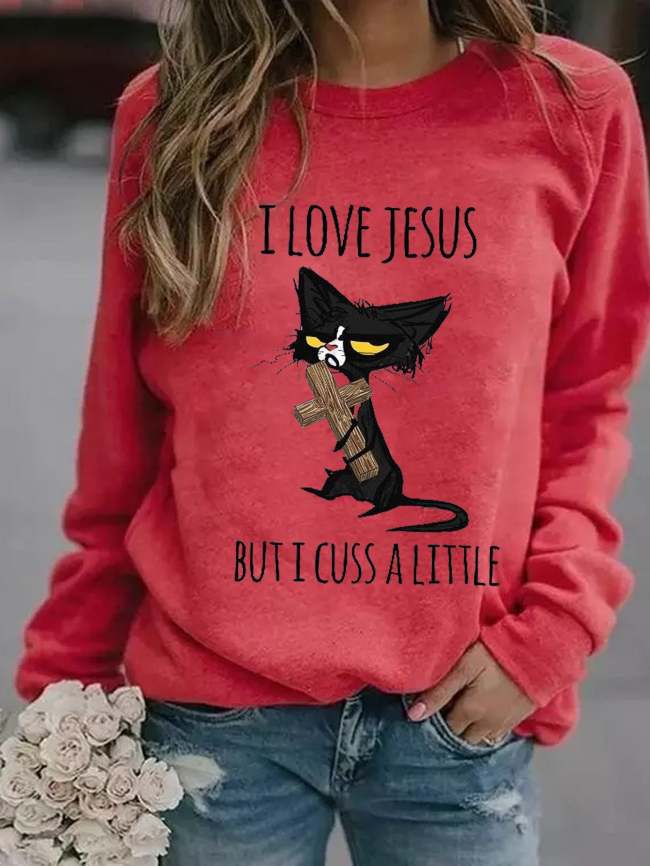Women Funny Graphic Cat I Love Jesus But I Cuss A Little Crew Neck Sweatshirts