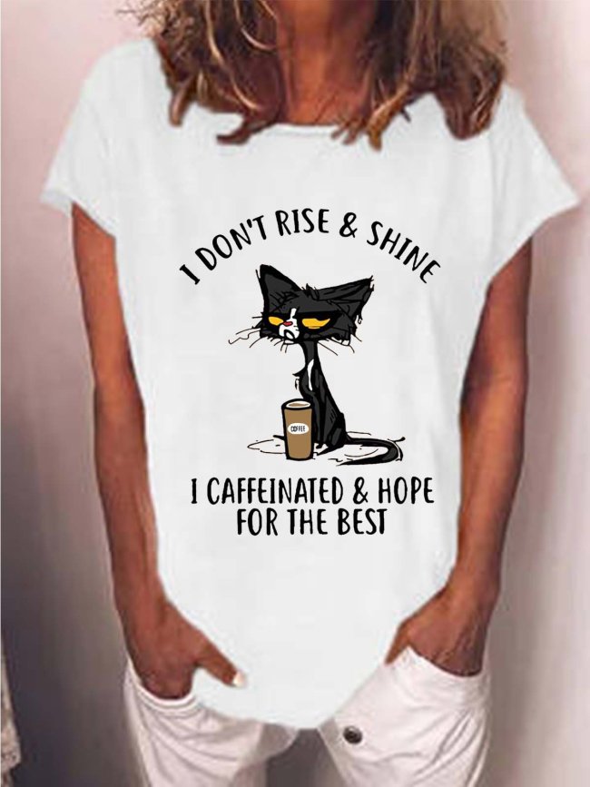 Women Cat Coffe Printing Cotton-Blend T-Shirt