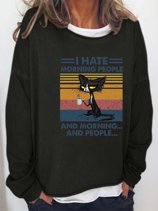 Women Cat Temperament Coffee Letters Casual Loose Crew Neck Sweatshirts