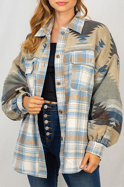 Plaid Aztec Patchwork Pockets Shirt Jacket