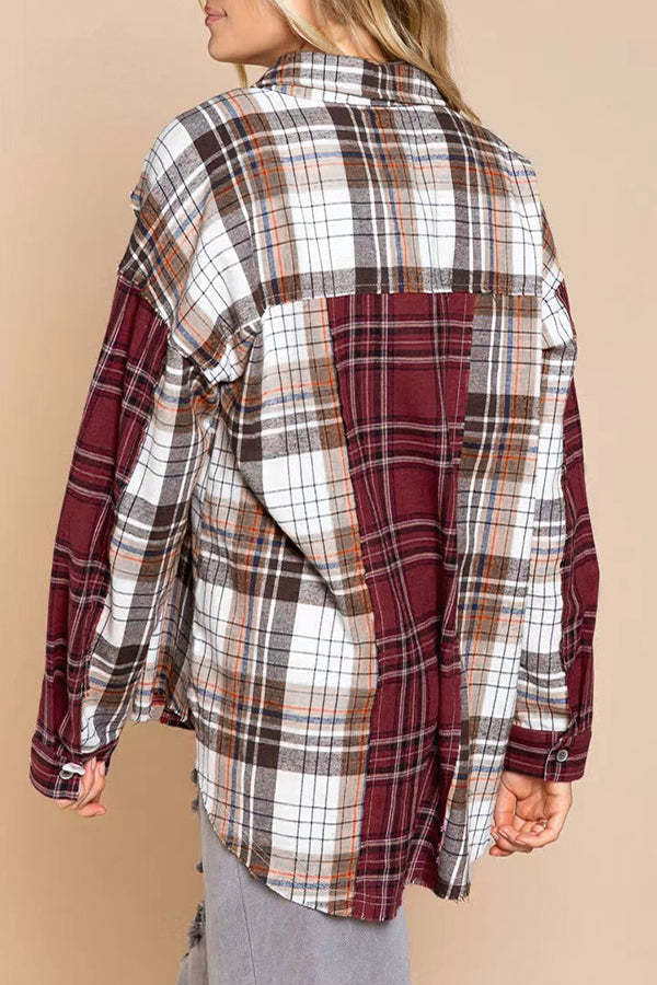 Check Single-breasted Button Casual Shirt Grid Plaid Style Long Sleeve Loose Jacket Shirt