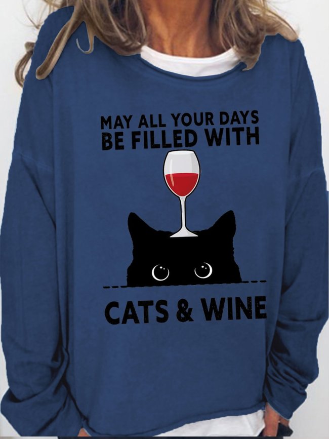 womens May All Your Days Be Filled Cats & Wine Casual Crew Neck Sweatshirts