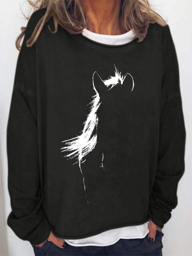 Women Horse Printing Loose Casual Crew Neck Sweatshirts