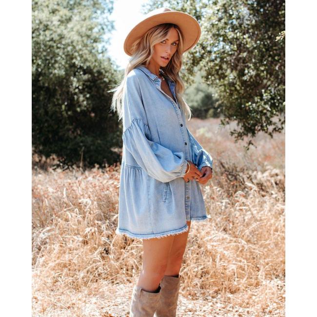 Essential Mini Loose Pocketed Denim Shirt Dress