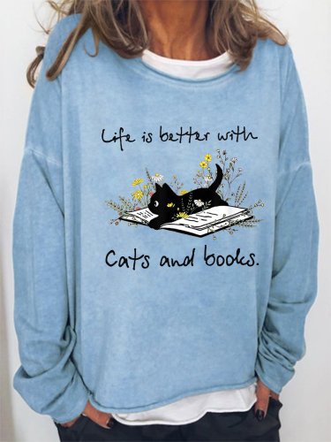 Cat Book Shirt For Women Life Is Better With Cats And Books Simple Sweatshirts