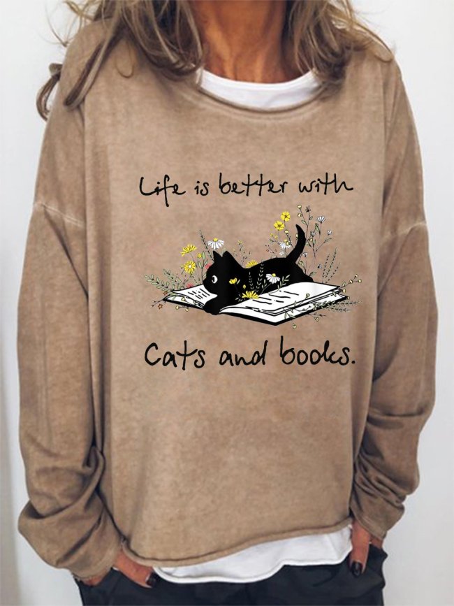 Cat Book Shirt For Women Life Is Better With Cats And Books Simple Sweatshirts