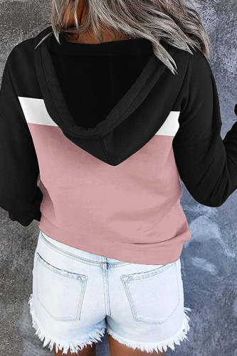 Colorblock Button Drawstring Pullover Sweatshirt