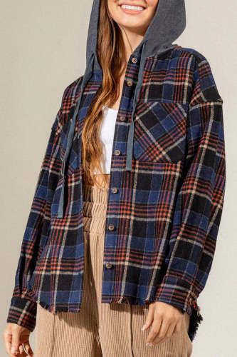 Brushed Long Sleeve Hooded Check Jacket Grid Plaid Jacket
