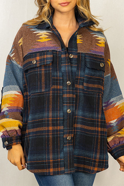 Plaid Aztec Patchwork Pockets Shirt Jacket