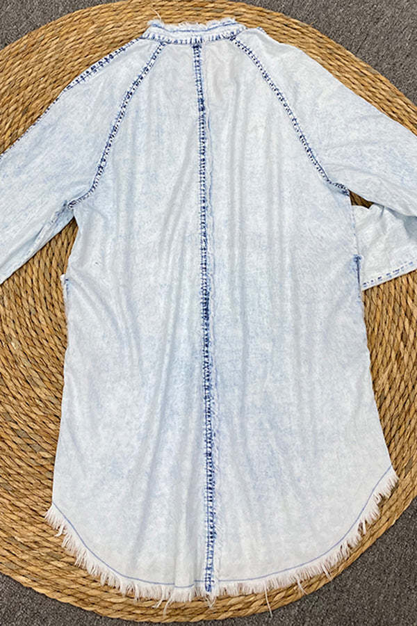 Loose Frayed Pocket Denim Shirt Long Sleeve Mini Dress